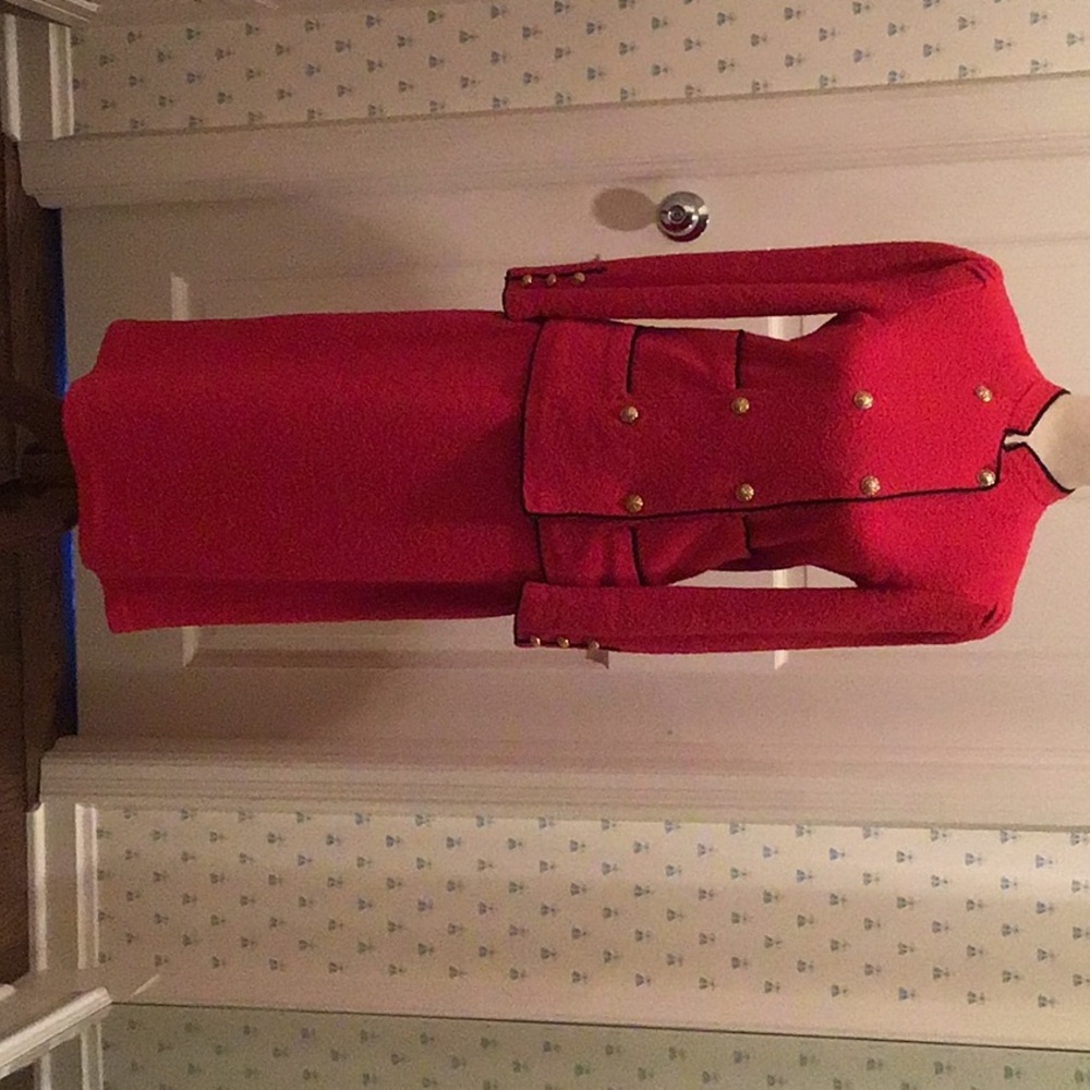 RED BOUCLE KNIT W/NAVY TRIM DOUBLE--BREASTED SUIT